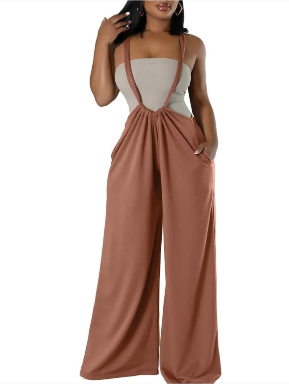 Wide-Leg Suspender Jumpsuit in Rust - Women's Casual Chic